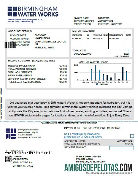 Para baixar modelo de conta de serviços públicos de água de Birmingham do Reino Unido em formatos Word e PDF, versão 2